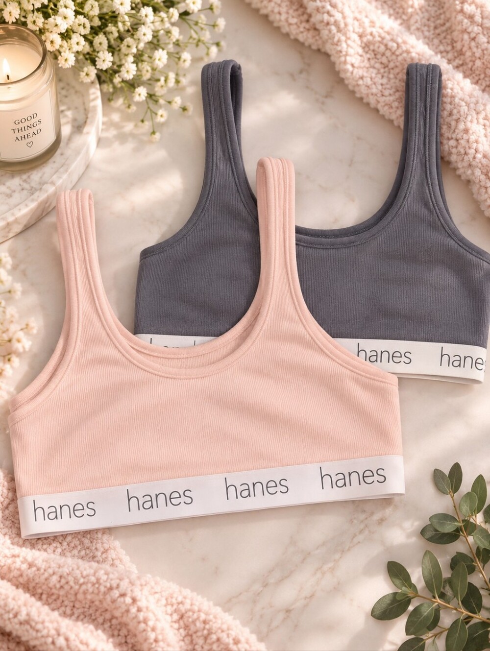 Hanes 2-Piece Ribbed Bralette / Comfort Bra Bundle – Size Large